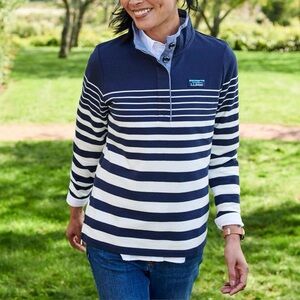 LL Bean Navy Striped Rugby Pullover Sweatshirt small 100% Cotton